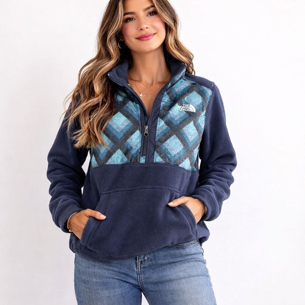The North Face Womens M Quarter Zip Fleece Pullover Navy Teal Geometric Print